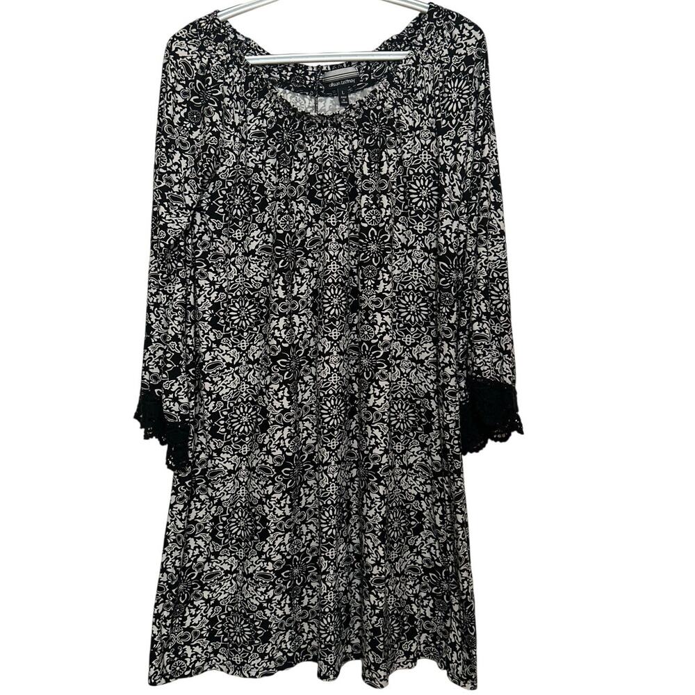 Allison Brittney Women's Black White Printed‎ Long Bell Sleeves Dress Size L